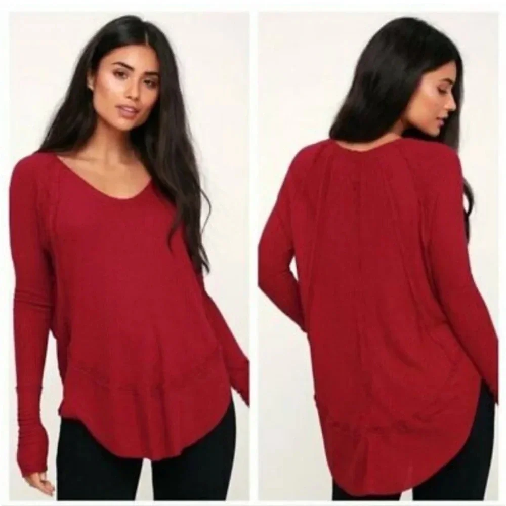 We The Free Free People Red Catalina Waffle Knit Long Sleeve Thermal Tunic - Picture 2 of 9